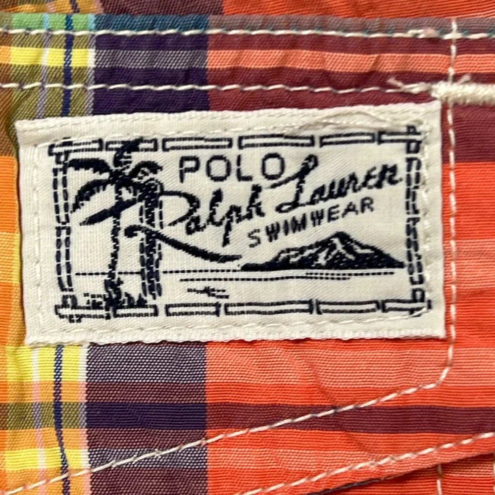 Polo Ralph Lauren Mens Madras Plaid Swim Trunks Multi Color Orange Blue Large